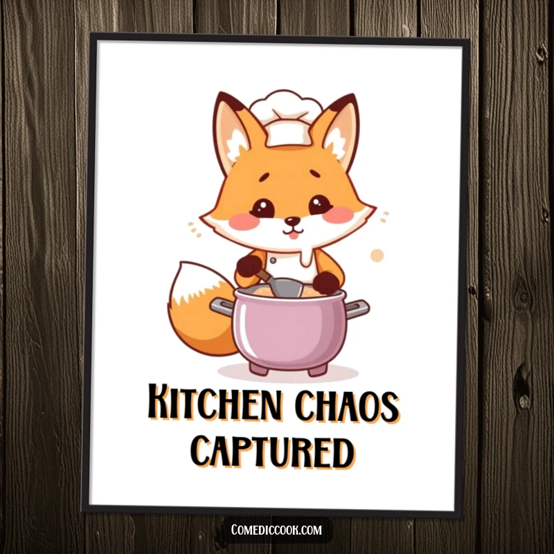 Funny Kawaii fox chef poster print, a flustered fox chef stirring a bubbling pot, vibrant wall art for kitchen or dining room.