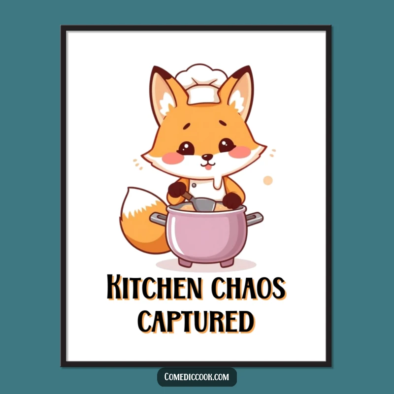 Funny Kawaii Fox Chef Poster - Flustered Cooking Art, Whimsical Wall Decor Gift