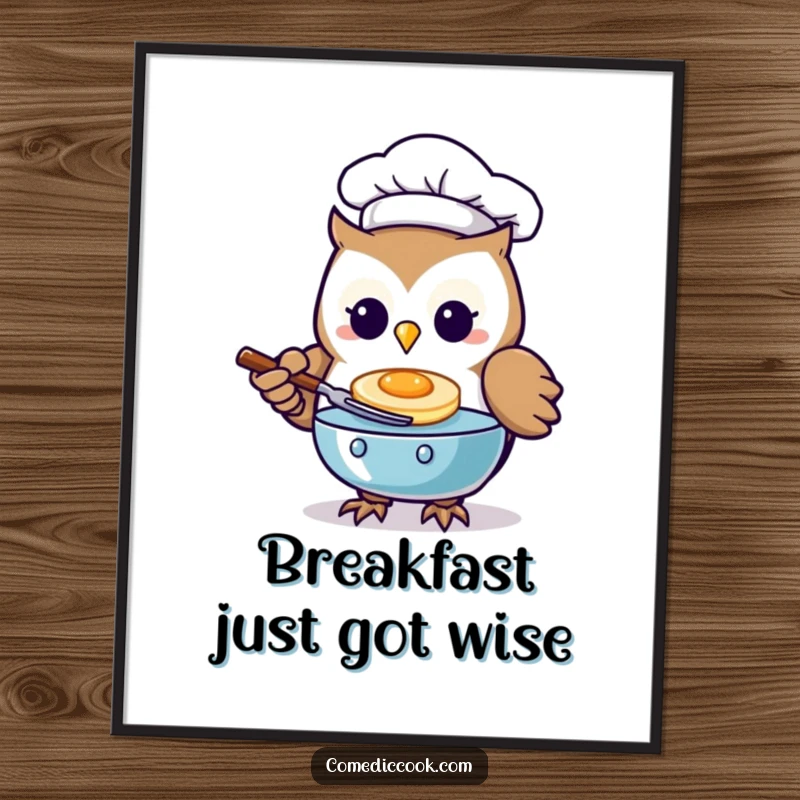 Funny Kawaii owl chef poster depicting a cute character flipping a pancake, perfect for kitchen decor.