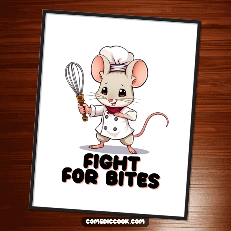 Funny Mouse Chef Poster artfully depicting a brave mouse chef wielding a tiny whisk as a sword, adding whimsical and humorous decor.