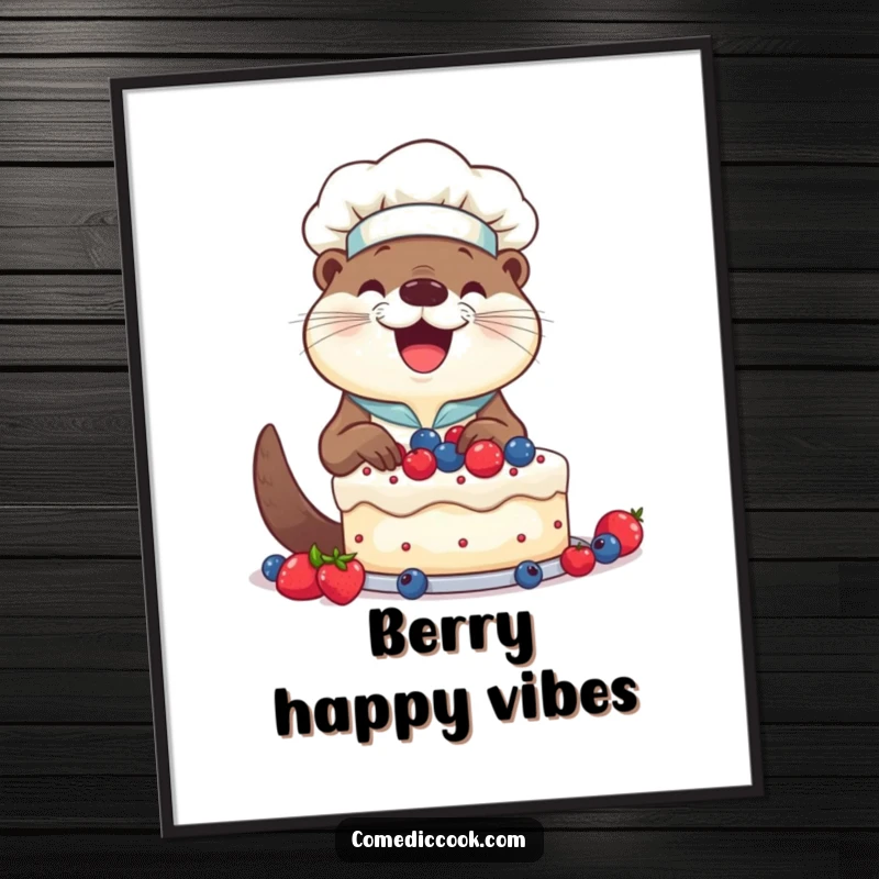 Funny Otter Chef Poster: Smiling otter happily decorating a cake with berries, a joyful and humorous wall art.