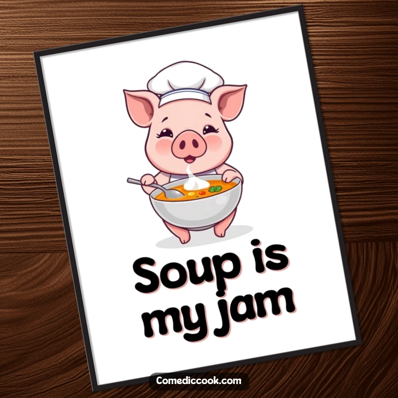 Funny proud pig chef character proudly serving a steaming bowl of soup, depicted in a humorous and artistic wall art print.
