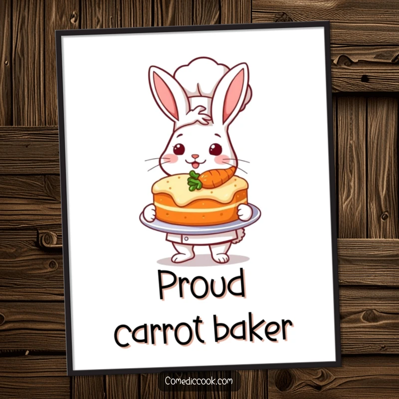 Funny poster of a proud rabbit chef presenting a perfectly baked carrot cake, ideal for kitchen decor.
