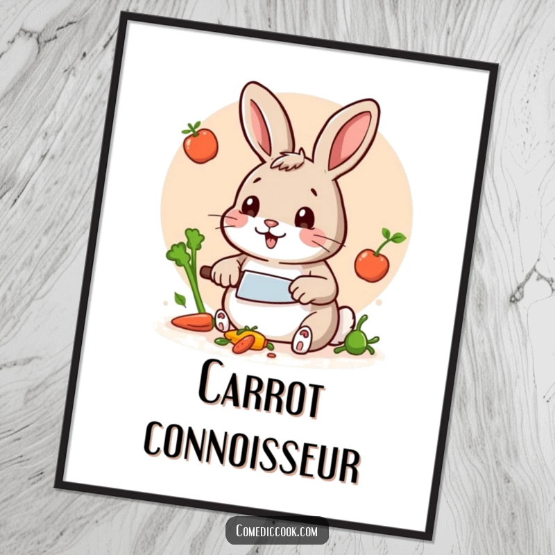 Funny Rabbit Chef Poster: Vibrant wall art of a skilled rabbit chef with a tiny knife, chopping veggies with precision and a funny expression.