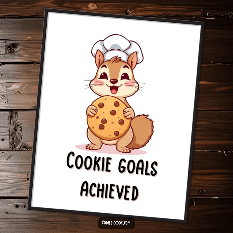 Funny Poster: a squirrel chef proudly holds a comically large cookie, embodying enthusiastic baking and humorous delight.