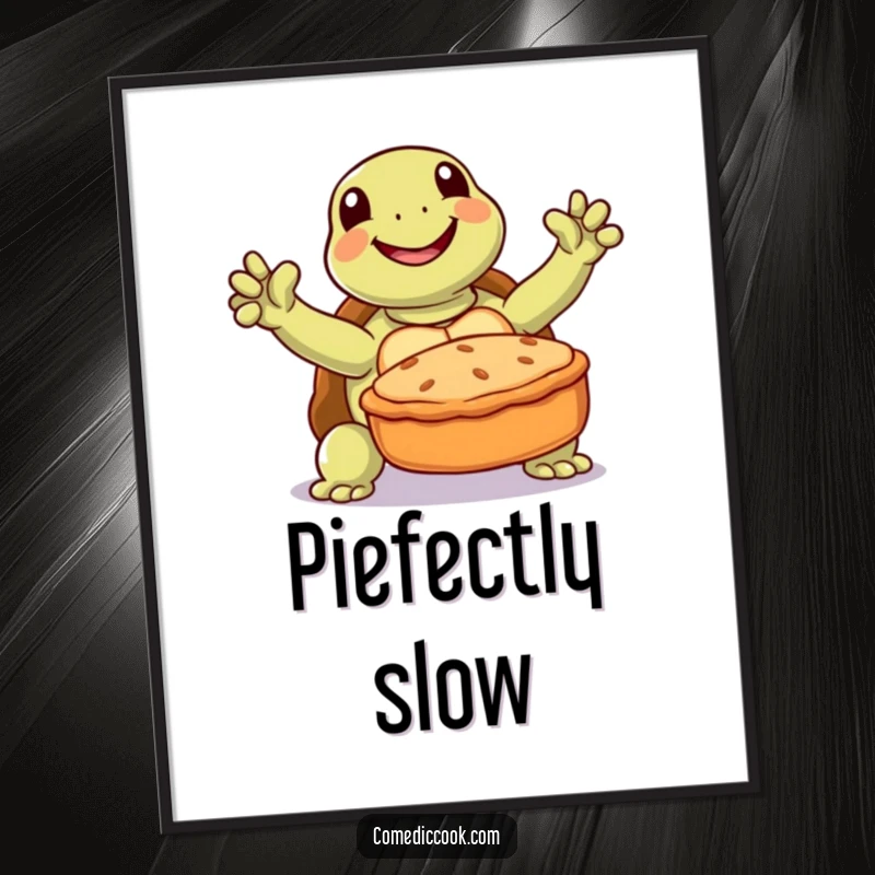 Funny turtle poster depicting a joyful turtle triumphantly presenting a baked pie, ideal for kitchen wall decor.