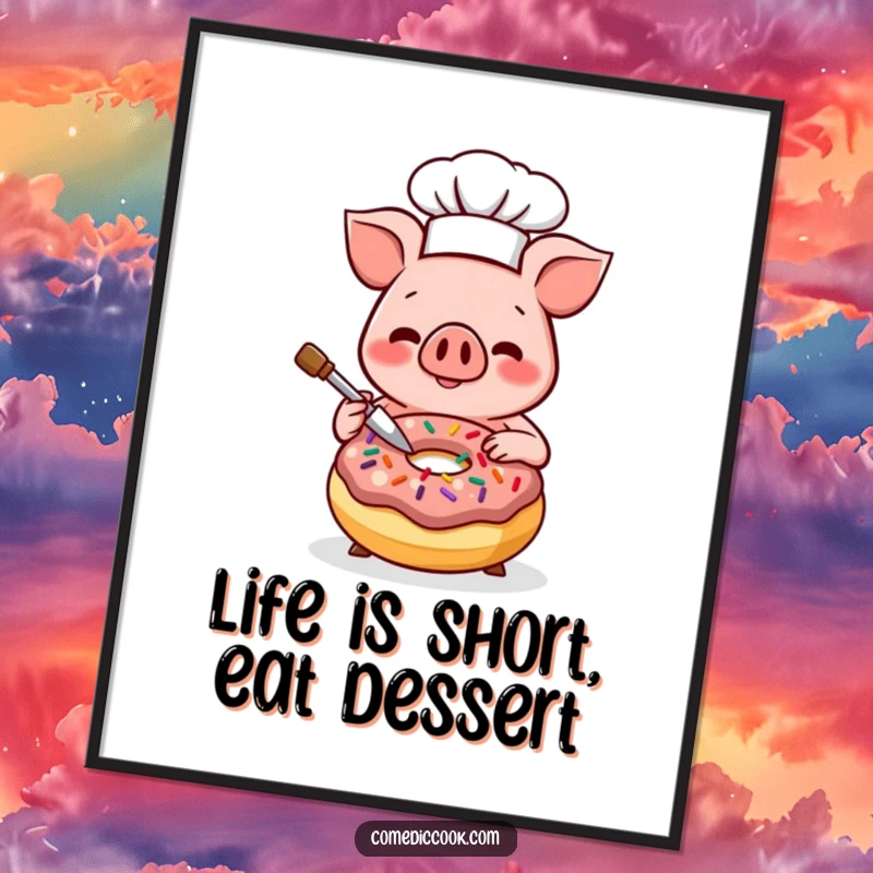 Funny Kawaii pig chef poster, featuring a smiling pig decorating a donut with sprinkles. Happy kitchen art and a wonderful funny gift.