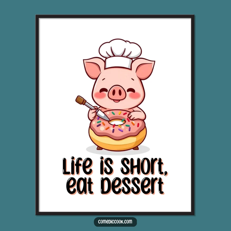 Funny Kawaii Pig Chef Art Print - Happy Donut Decorator Wall Art, Perfect Funny Gift