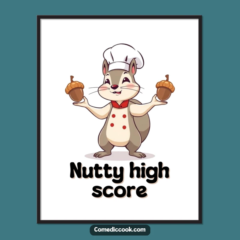 Funny Squirrel Chef Poster: Determined Acorn Juggling Art for Your Kitchen Wall