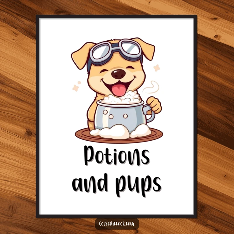 Funny poster of a dog wearing goggles, eagerly tasting a bubbling pot, creating humorous wall art that celebrates scientific curiosity and adventure.