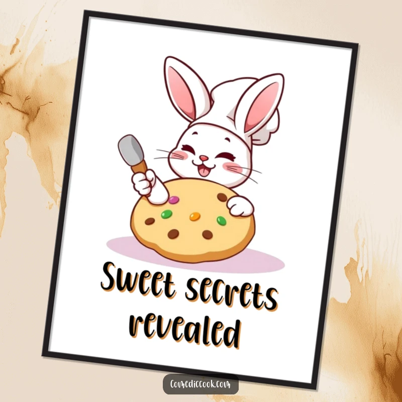 Funny Kawaii rabbit chef poster of a cute character frosting a giant cookie with a wink.