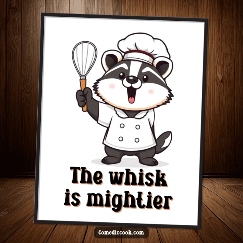 Funny Kawaii badger chef poster, depicting a proud badger holding a whisk aloft. Sophisticated kitchen art and a wonderful funny gift.