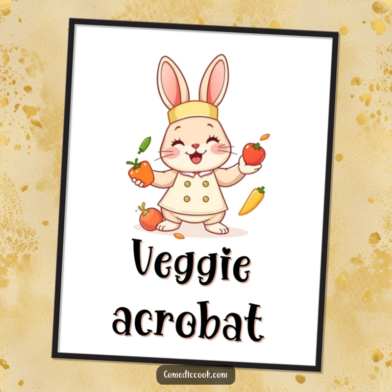Funny bunny chef poster featuring a cute bunny juggling tiny vegetables, perfect for kitchen wall art and adding cheerful humor.