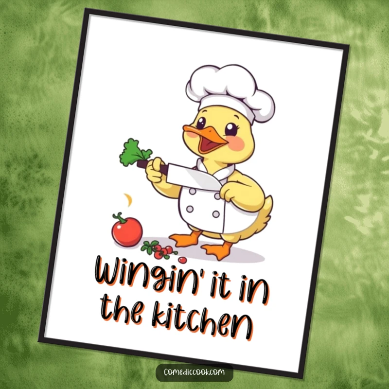 Funny Duck Chef Poster: A bouncing duck chef energetically chops vegetables, a humorous and dynamic piece of art.