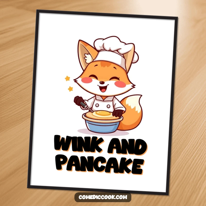 Funny poster of a cheerful fox chef winking while flipping a pancake, ideal for kitchen decor.