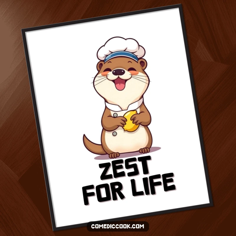 Funny otter chef poster, a cheerful character giggling while squeezing a lemon, perfect for kitchen decor and humorous wall art.