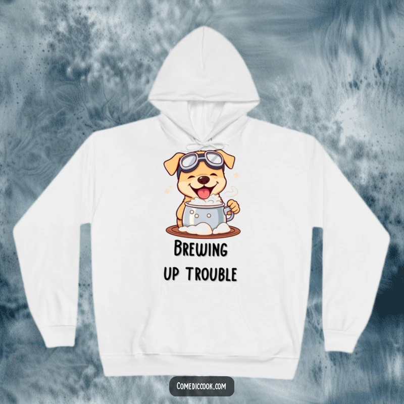 Funny hoodie depicting a dog wearing goggles, enthusiastically tasting a bubbling pot, ideal for cozy wear and expressing a bold, adventurous personality.