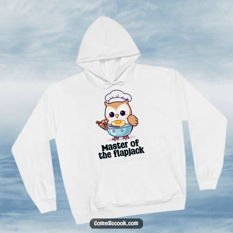Funny Kawaii owl chef hoodie with a cute character flipping a pancake, perfect for kitchen warmth.