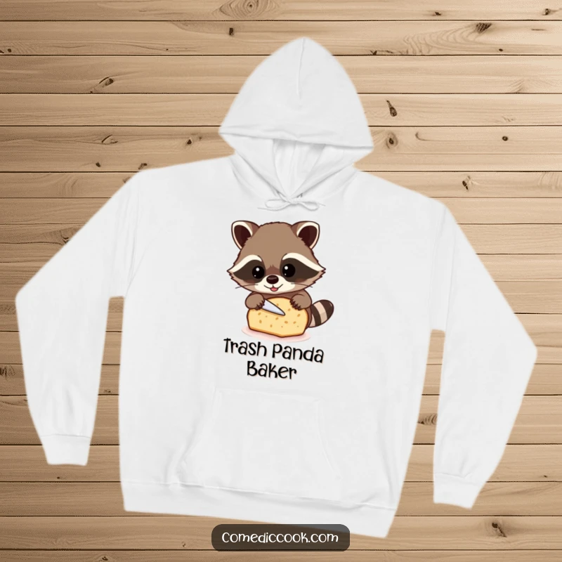 Funny raccoon hoodie with a beaming raccoon carefully slicing a loaf of bread, perfect for cozy baking sessions.