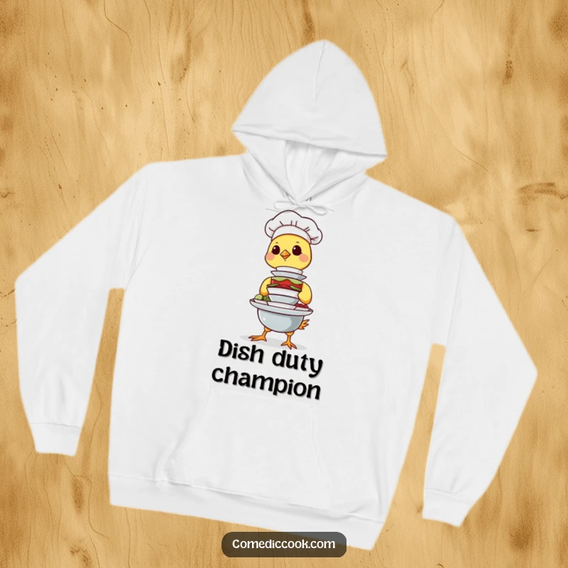 Funny Chick Chef Hoodie showing a determined chick balancing a tall stack of miniature dishes, ideal for cozy, humorous, and warm gifting.