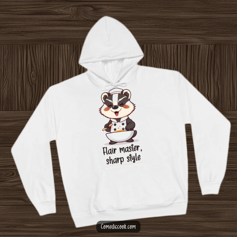 Funny badger chef hoodie, a dramatic character seasoning a dish with a flourish, ideal for staying warm while celebrating culinary flair.