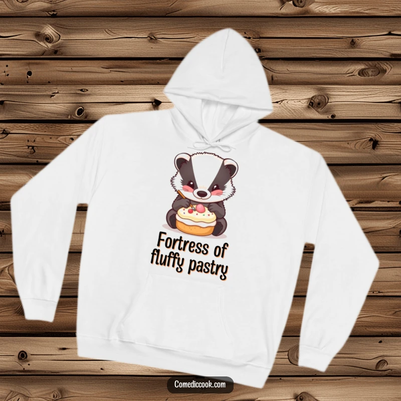 Funny Badger Decorator Hoodie depicting a badger carefully decorating a tiny pastry, embodying cozy focus.
