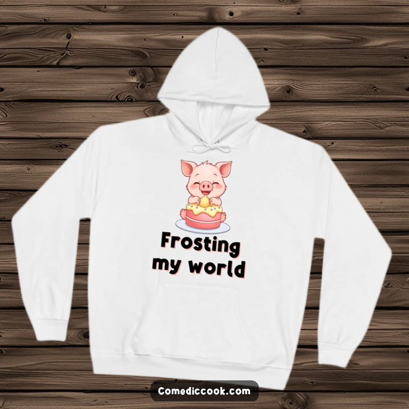 Funny hoodie with a smiling piglet happily frosting a small cake, perfect for dessert lovers.