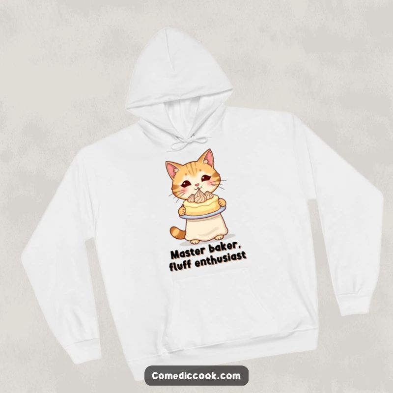 Funny Cat Baker Hoodie showing a cat in an apron presenting a perfectly piped cake, embodying warmth.
