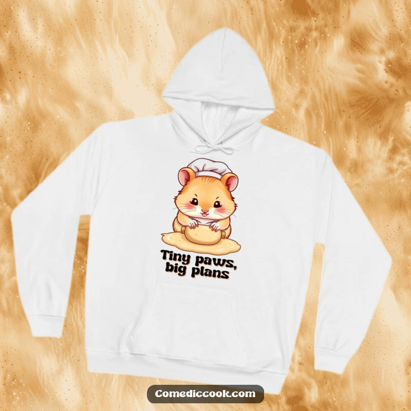 Funny hamster chef hoodie, a focused character rolling dough with tiny paws, ideal for staying warm while celebrating intense baking concentration.