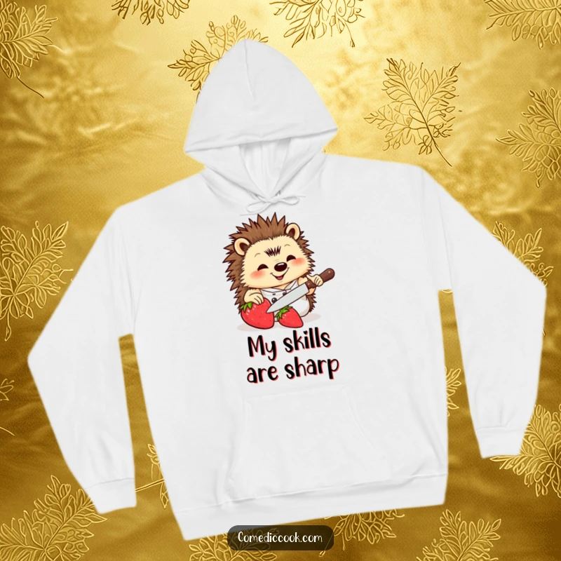 Funny Hedgehog Chef Hoodie featuring a cute hedgehog with a knife and strawberry, offering warmth and culinary-themed amusement.