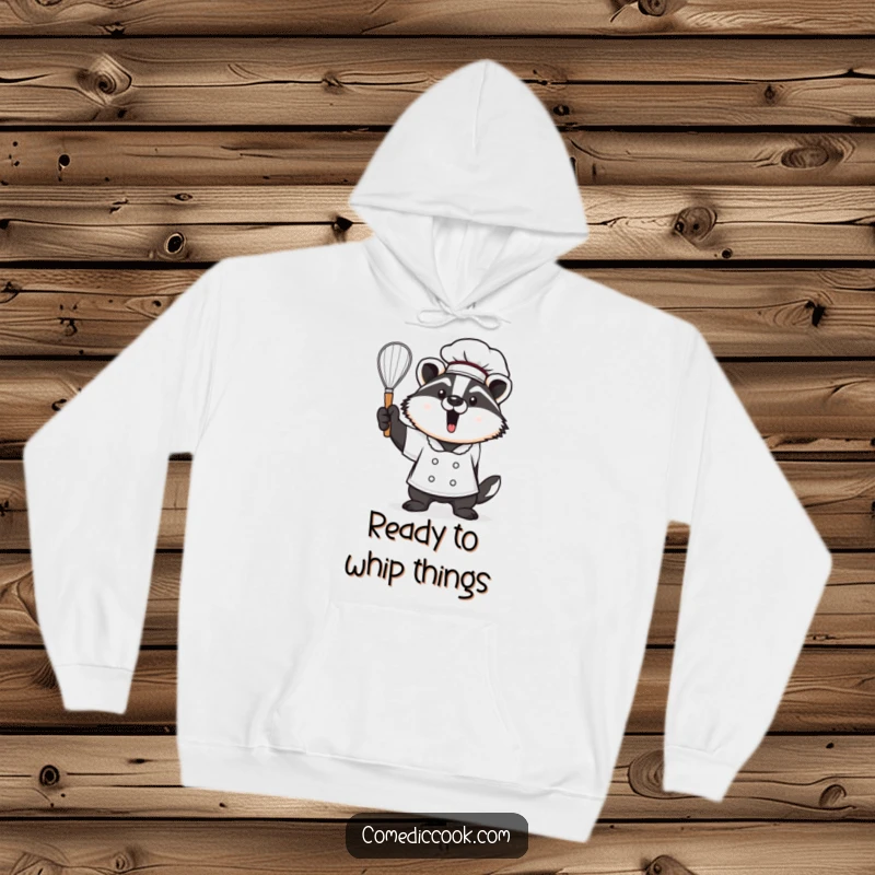 Funny Kawaii badger chef hoodie, featuring a proud badger holding a whisk aloft. Warm and distinguished baker wear, excellent funny gift.