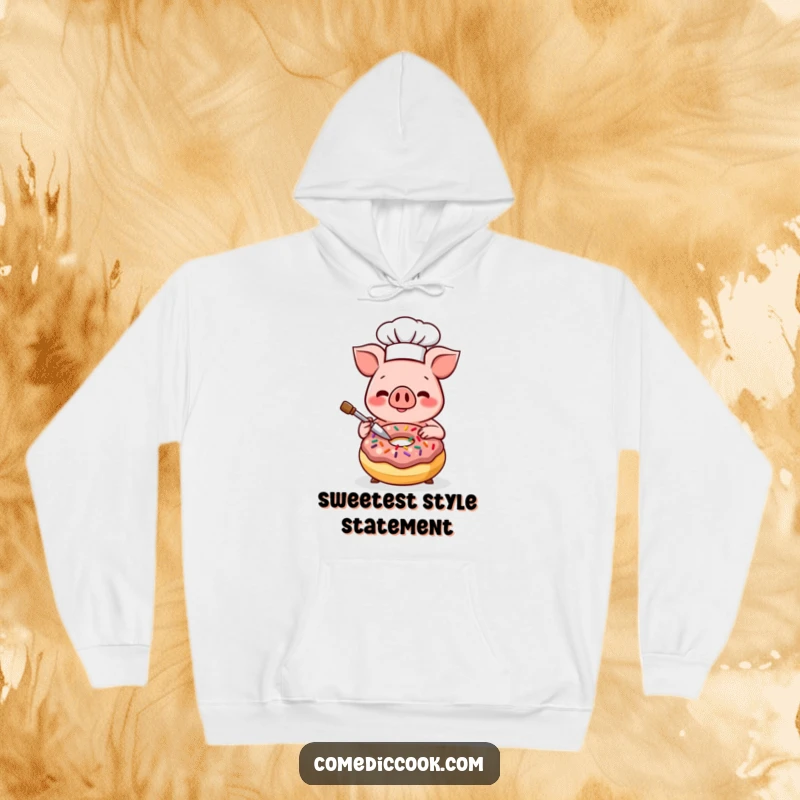 Funny Kawaii pig chef hoodie, featuring a smiling pig decorating a donut with bright sprinkles. Cozy happy baker wear, great funny gift.
