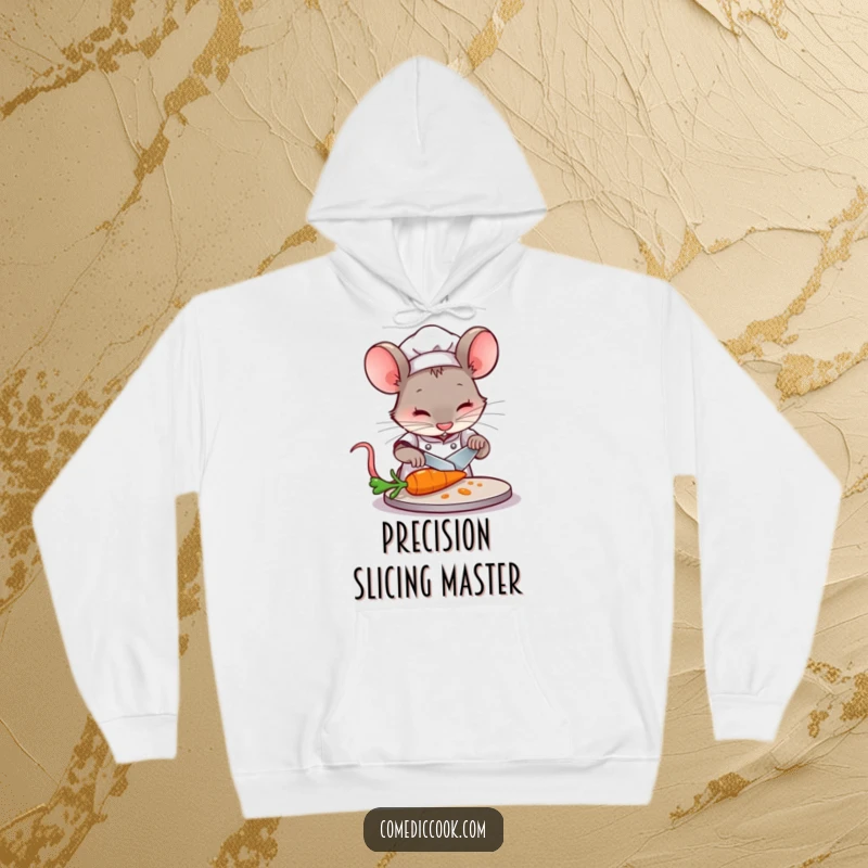 Funny Mouse Chef Hoodie: A concentrated mouse chef slices a tiny carrot, offering warm and humorous comfort.
