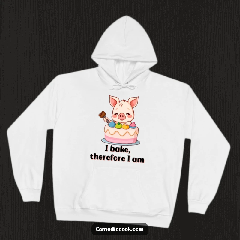 Funny Piglet Hoodie: Cuddly hoodie showcasing a happy piglet frosting a cake, exuding warmth and humor, perfect for cozy, funny wear.