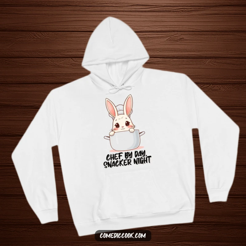 Funny Rabbit Chef Hoodie: Cute bunny chef curiously peeking into a steaming pot, offering warmth and humor for chefs.