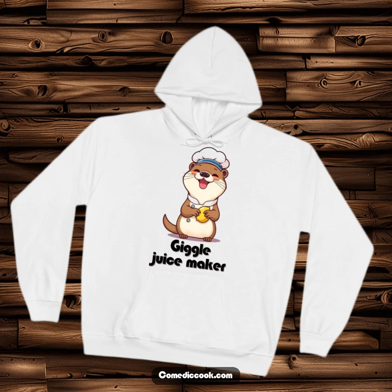 Funny otter chef hoodie, a cheerful character giggling while squeezing a lemon, ideal for staying warm while embracing zesty, playful moments.