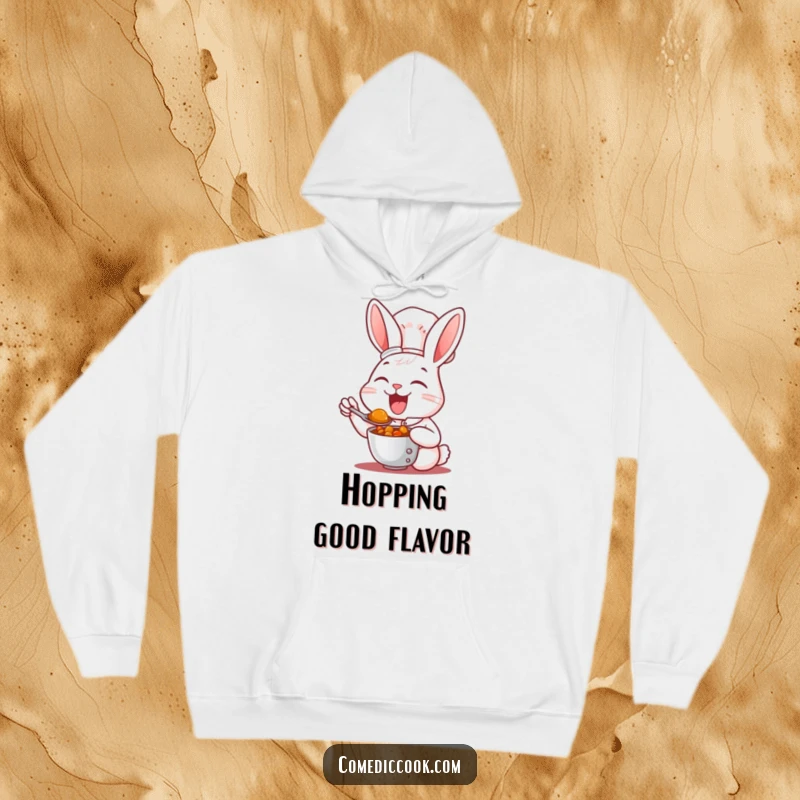 Funny Hoodie: A cheerful rabbit chef is depicted joyfully tasting a bowl of rich, steaming stew.