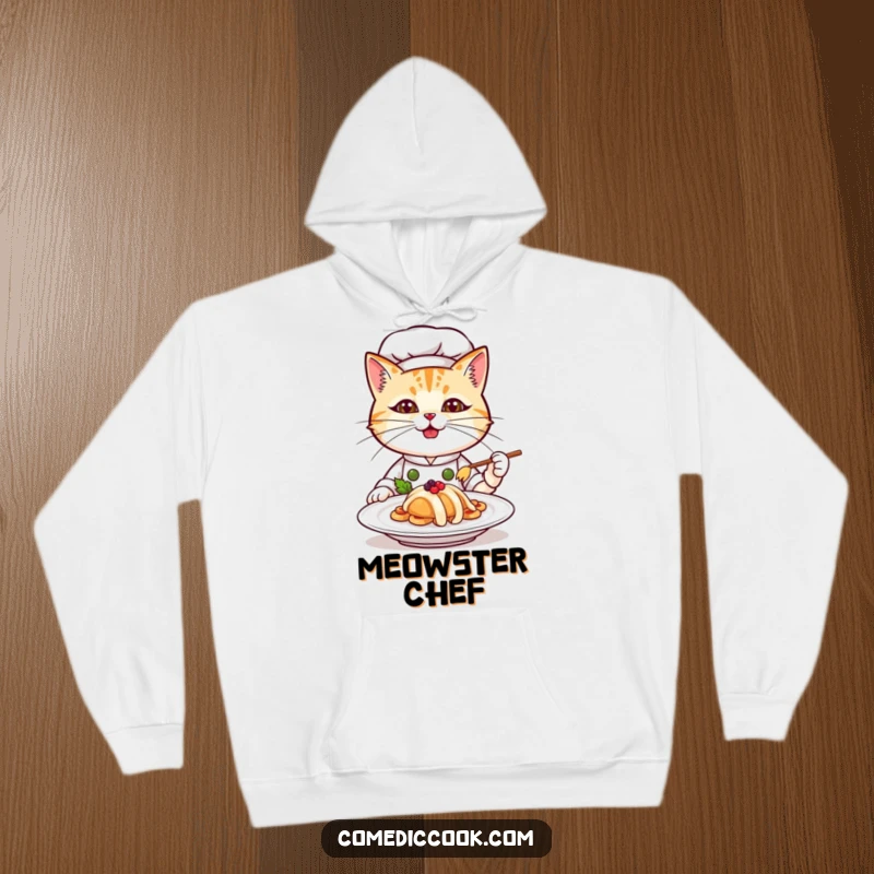 Funny cat chef hoodie, a focused feline chef proudly serving a gourmet plate, perfect for cozy, humorous, food-loving wear.