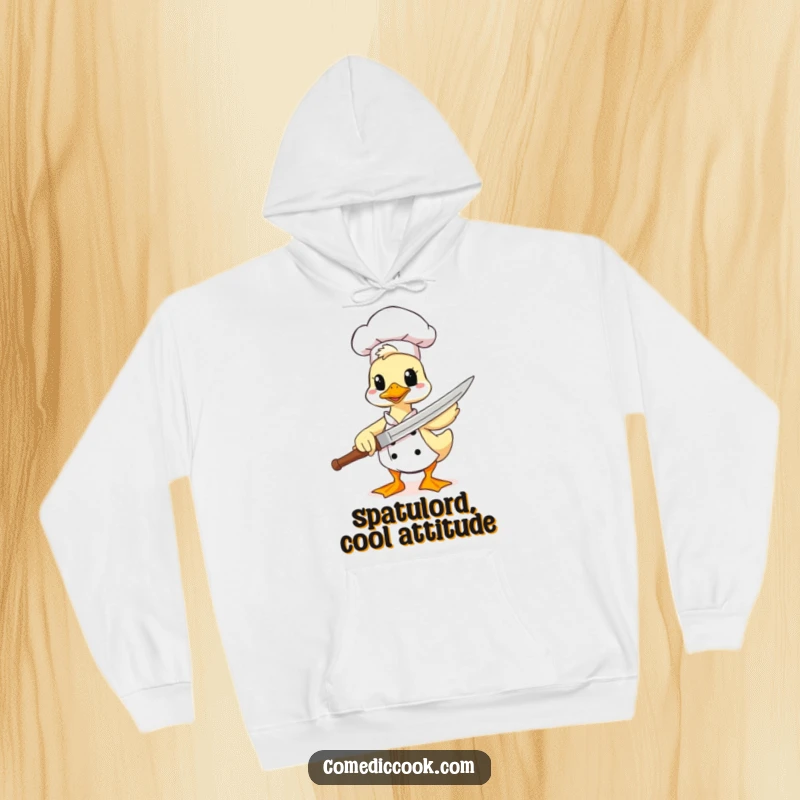 Funny duck chef hoodie, a comical character using a spatula as a sword, ideal for staying warm while engaging in humorous culinary quests.