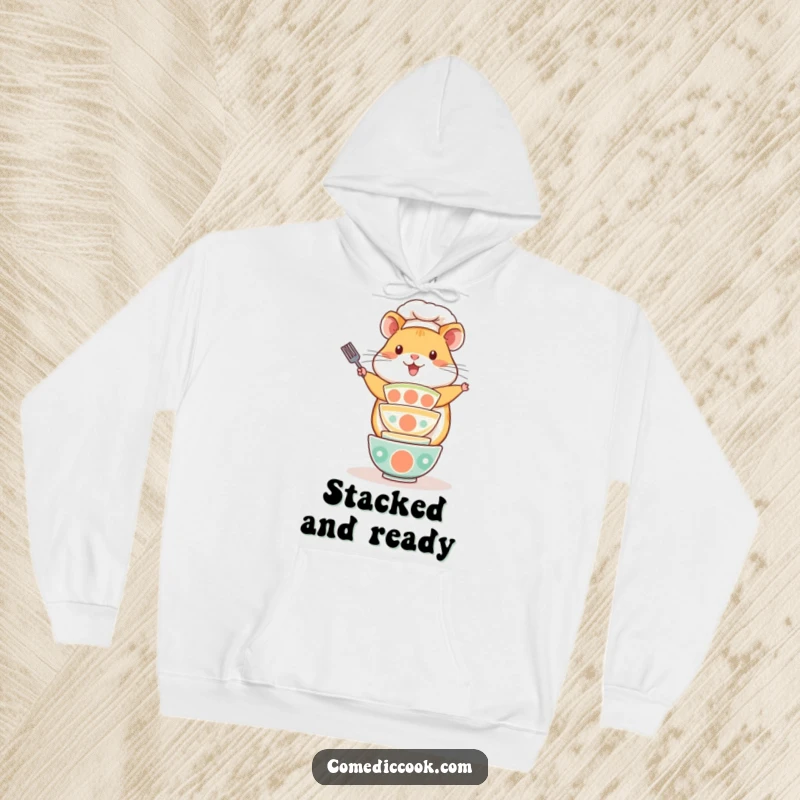 Funny Kawaii hamster chef hoodie, featuring a playful hamster balancing a stack of tiny bowls. Warm and cute baker wear, excellent funny gift.