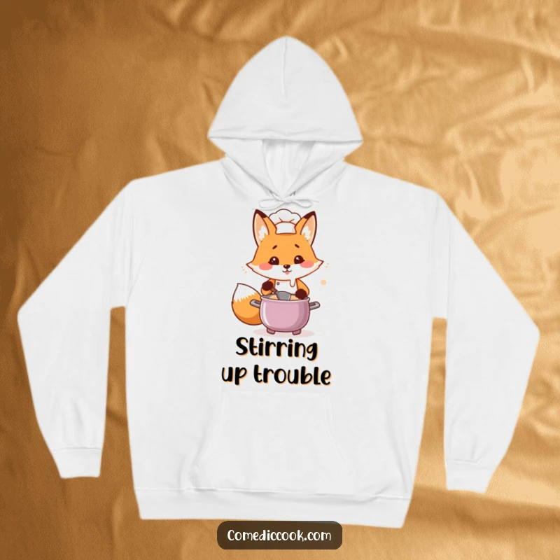 Funny Kawaii fox chef hoodie, a flustered fox intensely stirring a bubbling pot, soft and warm apparel, ideal funny gift.