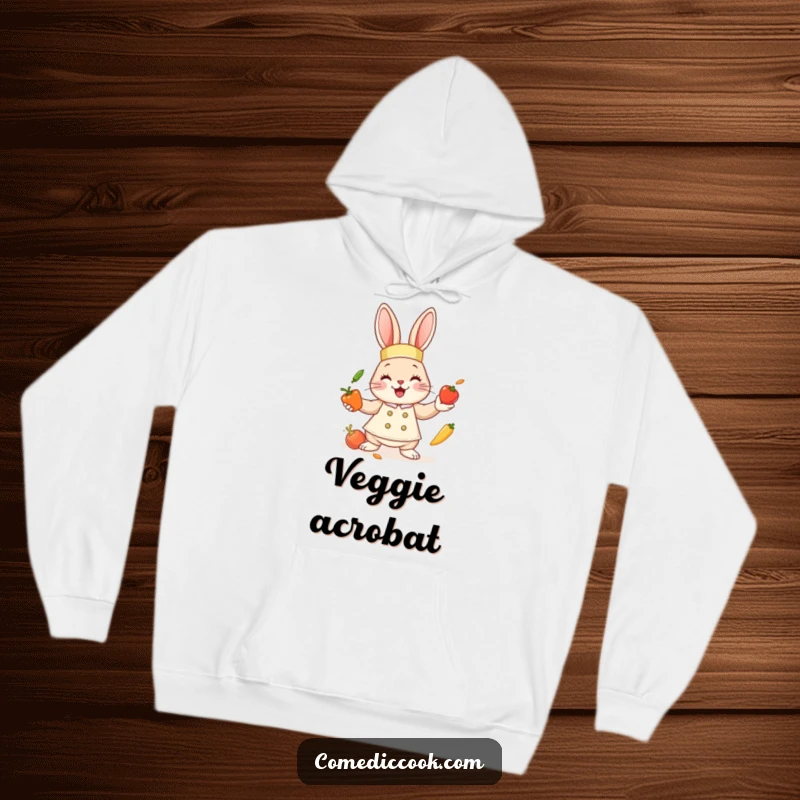 Funny bunny chef hoodie with a cute bunny juggling colorful vegetables, perfect for staying warm and sharing smiles, a great gift.