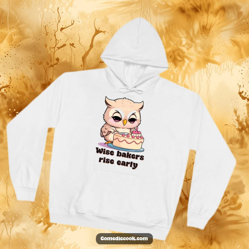 Funny owl hoodie featuring a smiling owl baker concentrating on decorating a cake, ideal for cozy baking sessions.