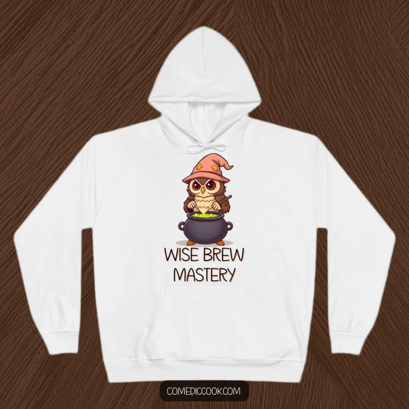 Funny Owl Chef Hoodie featuring a wise owl brewing a magical potion in a cauldron, perfect for cozy, humorous, and warm gifting.