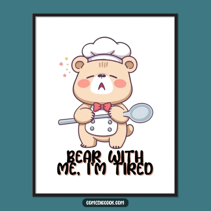 Free Printable Wall Art: Sleepy Bear Chef Spoon Funny Downloadable Art Gift