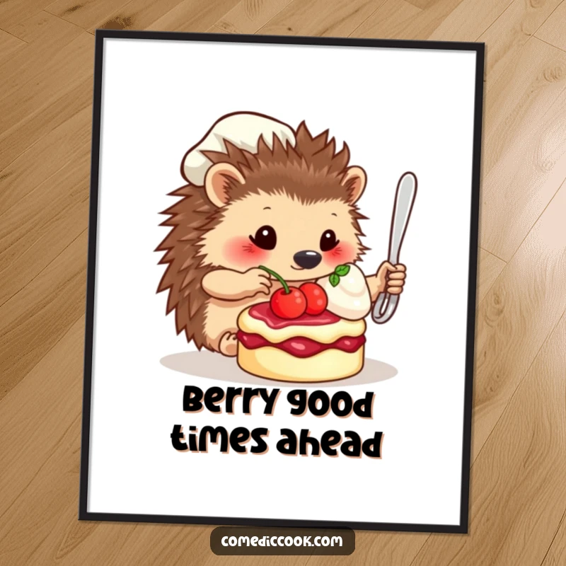 Funny Free Printable Wall Art: A focused hedgehog chef carefully places a berry on a delicious-looking dessert.