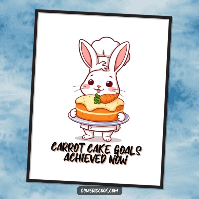 Funny Free Printable Wall Art: A rabbit chef proudly presents a perfectly baked carrot cake, adding kitchen flair.