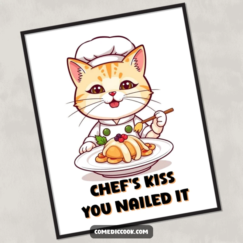 Funny Free Printable Wall Art: Determined cat chef proudly presents a delicate plated dish, downloadable home decor.