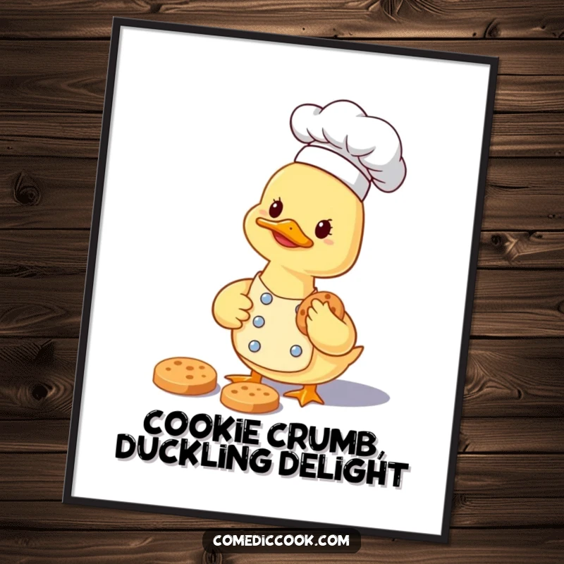 Funny Free Printable Wall Art: A smiling duckling chef carefully collecting a tiny cookie, embodying sweetness and culinary charm.