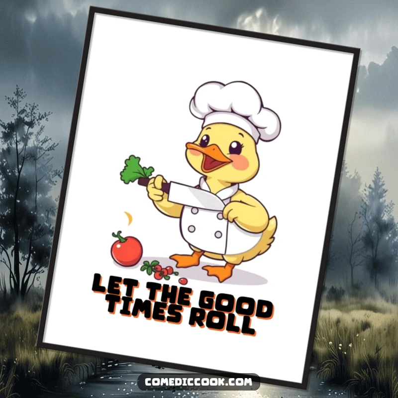 Funny free printable wall art: A bouncing duck chef enthusiastically chops vegetables with a small cleaver, bringing vibrant energy.